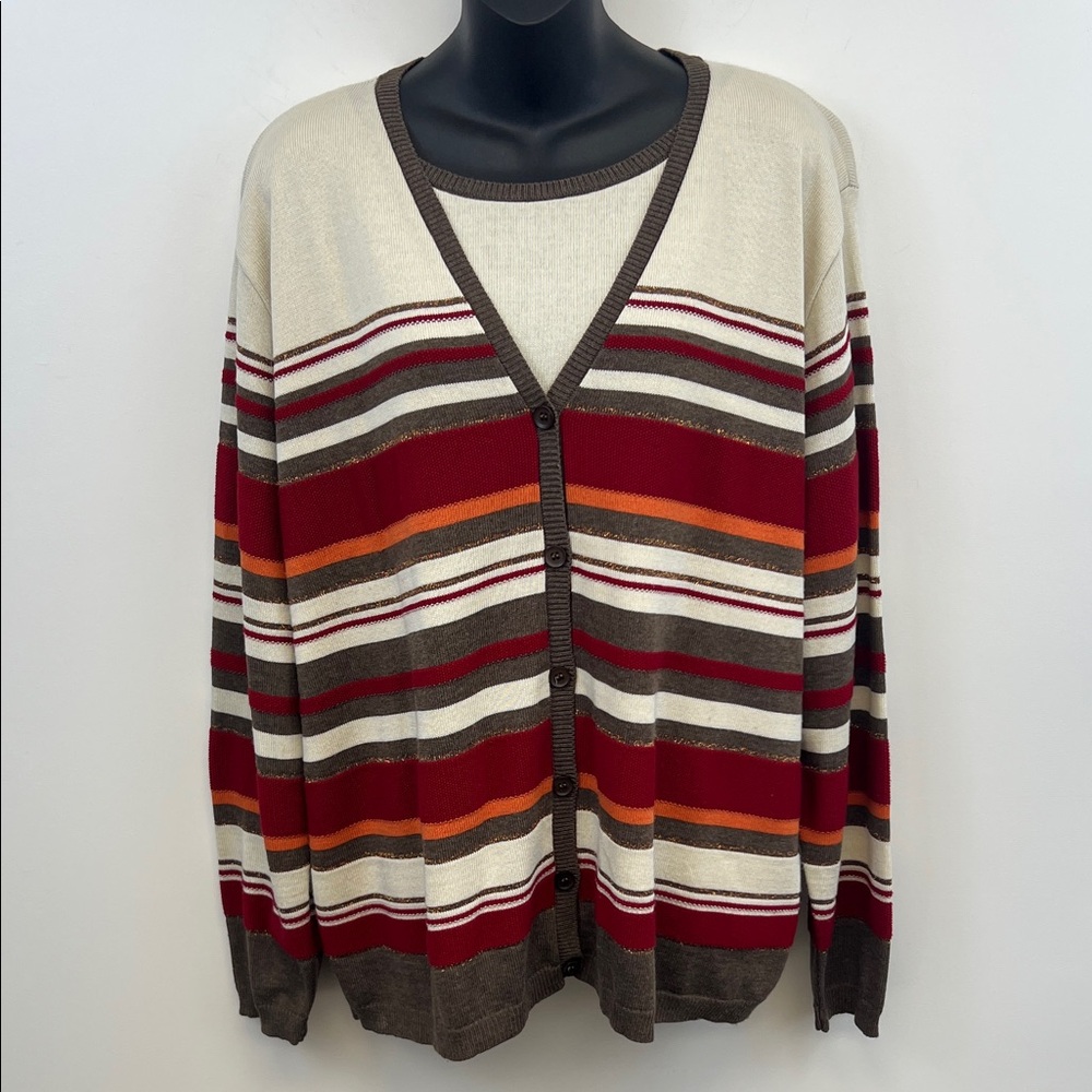 Alfred Dunner Women's Striped Button Down Sweater Red Brown Orange Cream Size 2X